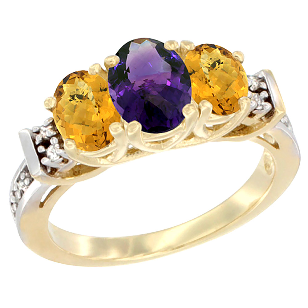 10K Yellow Gold Natural Amethyst &amp; Whisky Quartz Ring 3-Stone Oval Diamond Accent
