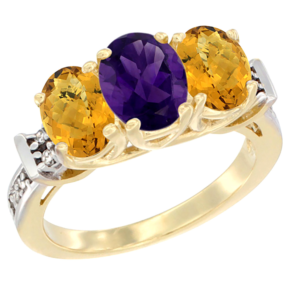 14K Yellow Gold Natural Amethyst & Whisky Quartz Sides Ring 3-Stone Oval Diamond Accent, sizes 5 - 10