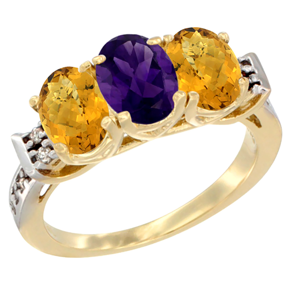 10K Yellow Gold Natural Amethyst & Whisky Quartz Sides Ring 3-Stone Oval 7x5 mm Diamond Accent, sizes 5 - 10