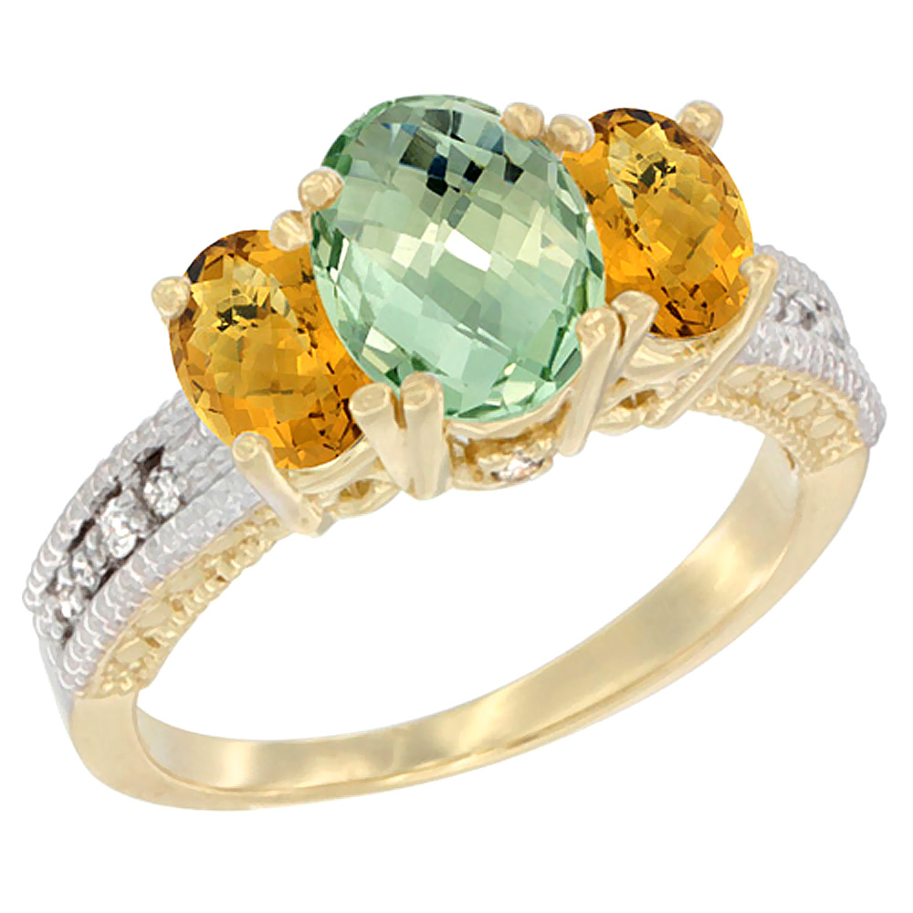 10K Yellow Gold Diamond Natural Green Amethyst Ring Oval 3-stone with Whisky Quartz, sizes 5 - 10