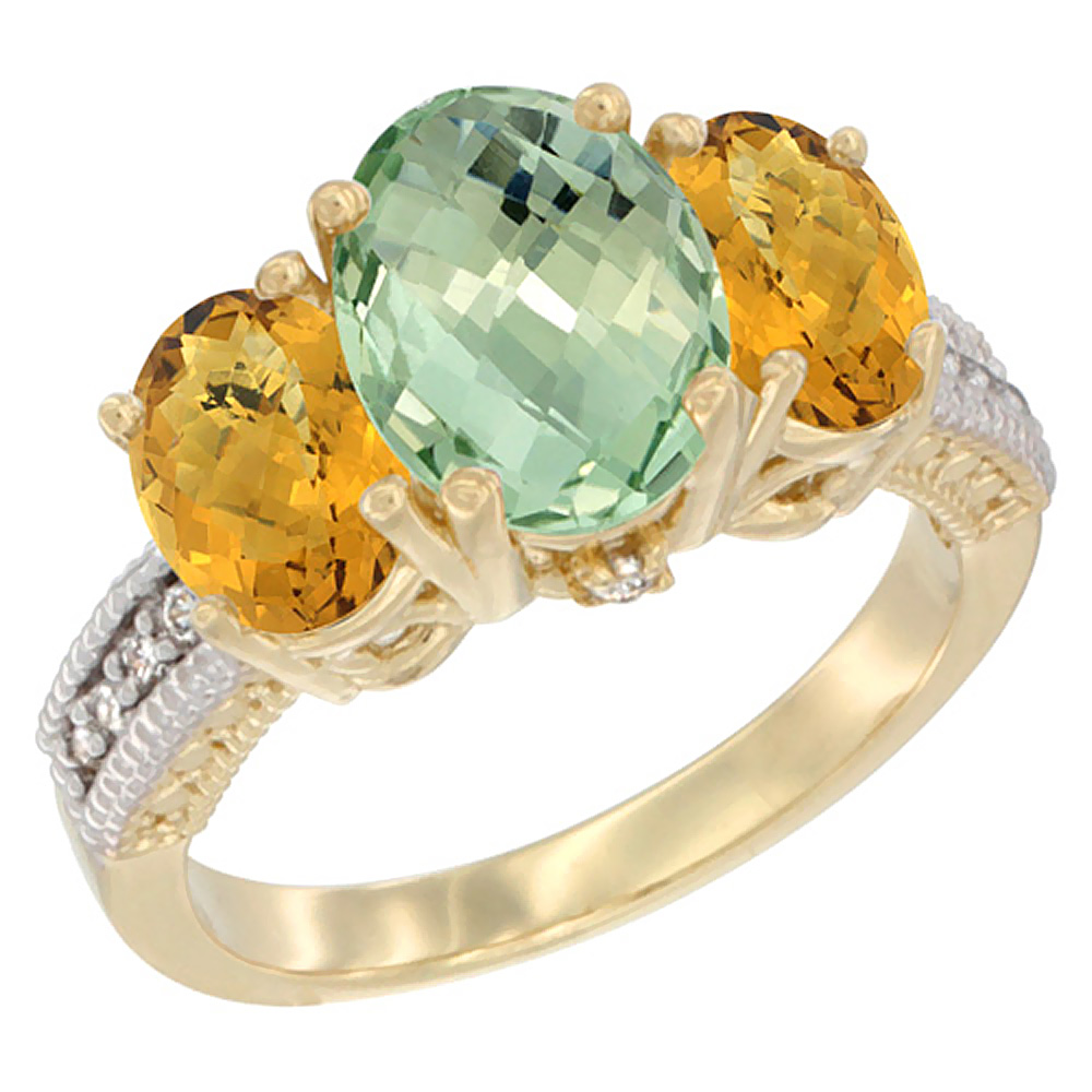 10K Yellow Gold Diamond Natural Green Amethyst Ring 3-Stone Oval 8x6mm with Whisky Quartz, sizes5-10