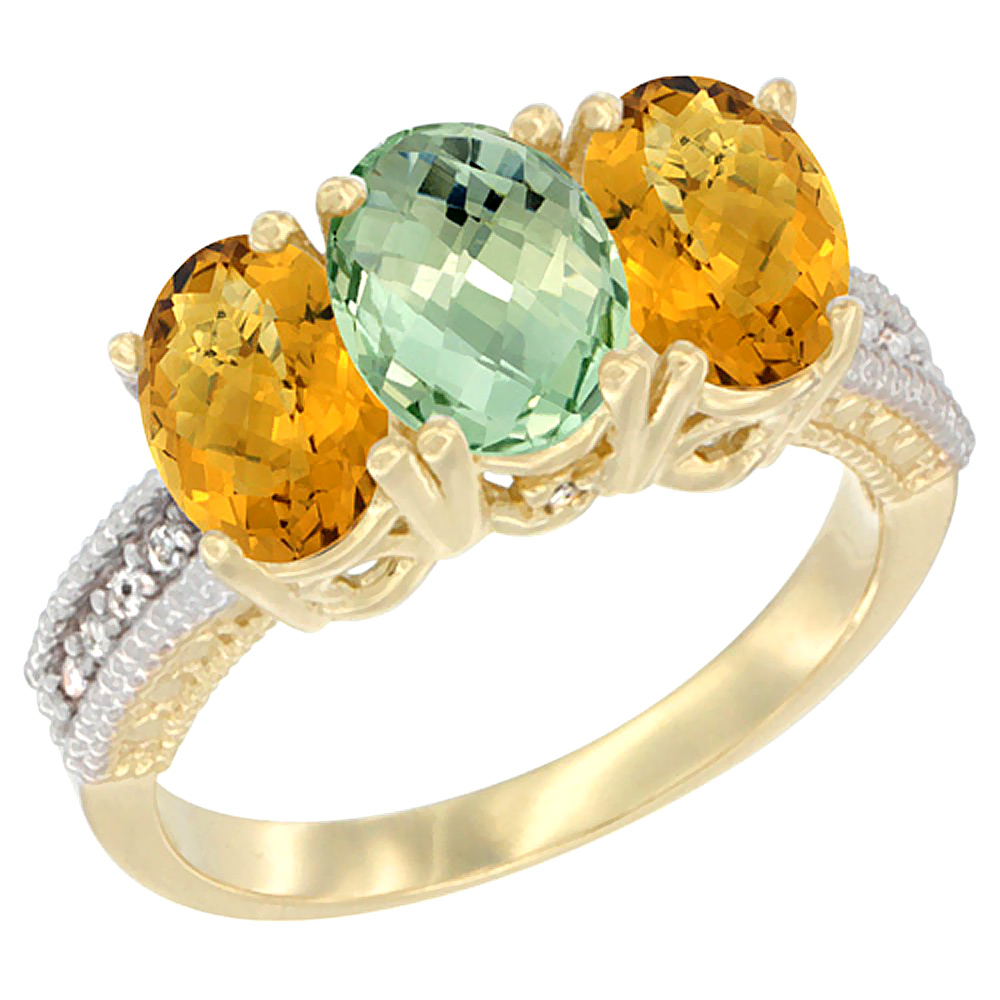 10K Yellow Gold Diamond Natural Green Amethyst &amp; Whisky Quartz Ring 3-Stone 7x5 mm Oval, sizes 5 - 10