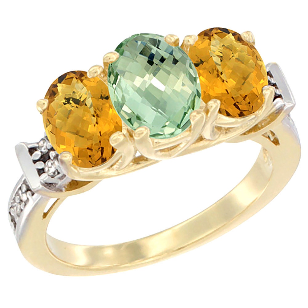 10K Yellow Gold Natural Green Amethyst & Whisky Quartz Sides Ring 3-Stone Oval Diamond Accent, sizes 5 - 10