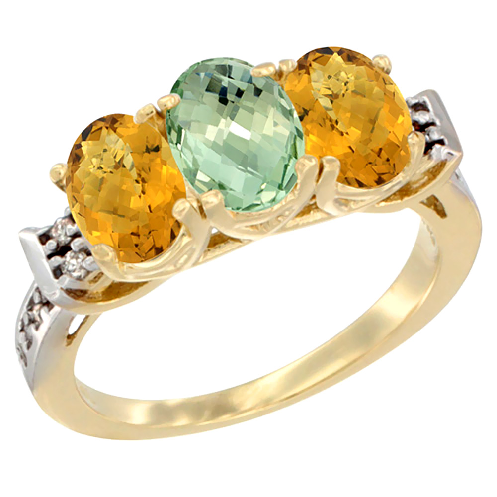 10K Yellow Gold Natural Green Amethyst & Whisky Quartz Sides Ring 3-Stone Oval 7x5 mm Diamond Accent, sizes 5 - 10