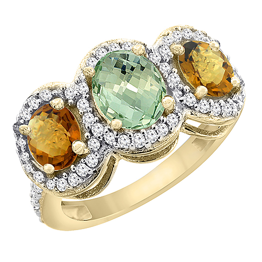 14K Yellow Gold Natural Green Amethyst & Whisky Quartz 3-Stone Ring Oval Diamond Accent, sizes 5 - 10