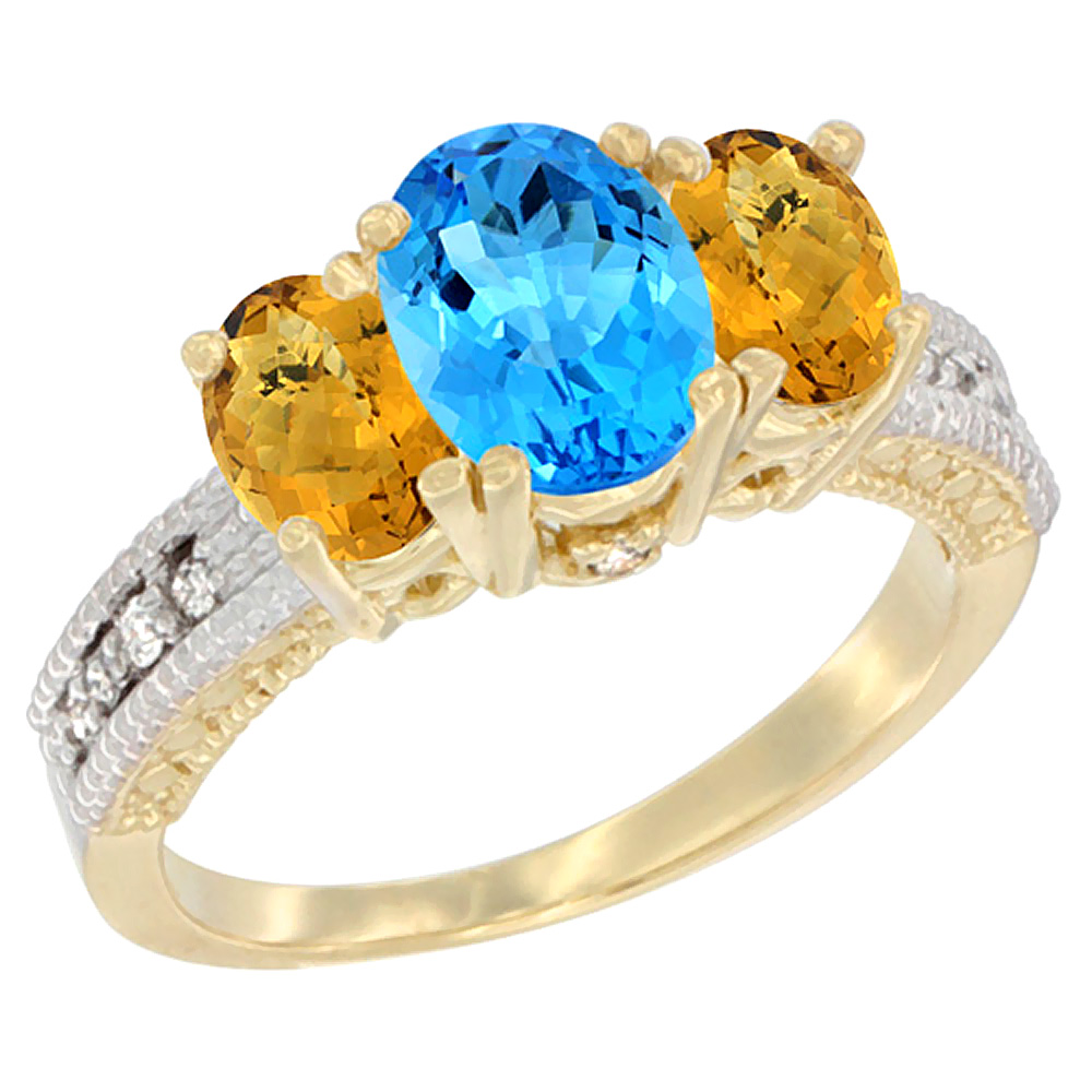 10K Yellow Gold Diamond Natural Swiss Blue Topaz Ring Oval 3-stone with Whisky Quartz, sizes 5 - 10