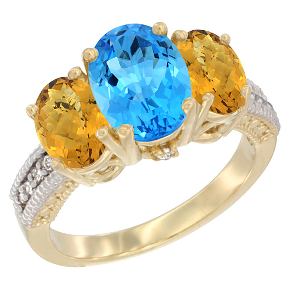 10K Yellow Gold Diamond Natural Swiss Blue Topaz Ring 3-Stone Oval 8x6mm with Whisky Quartz, sizes5-10