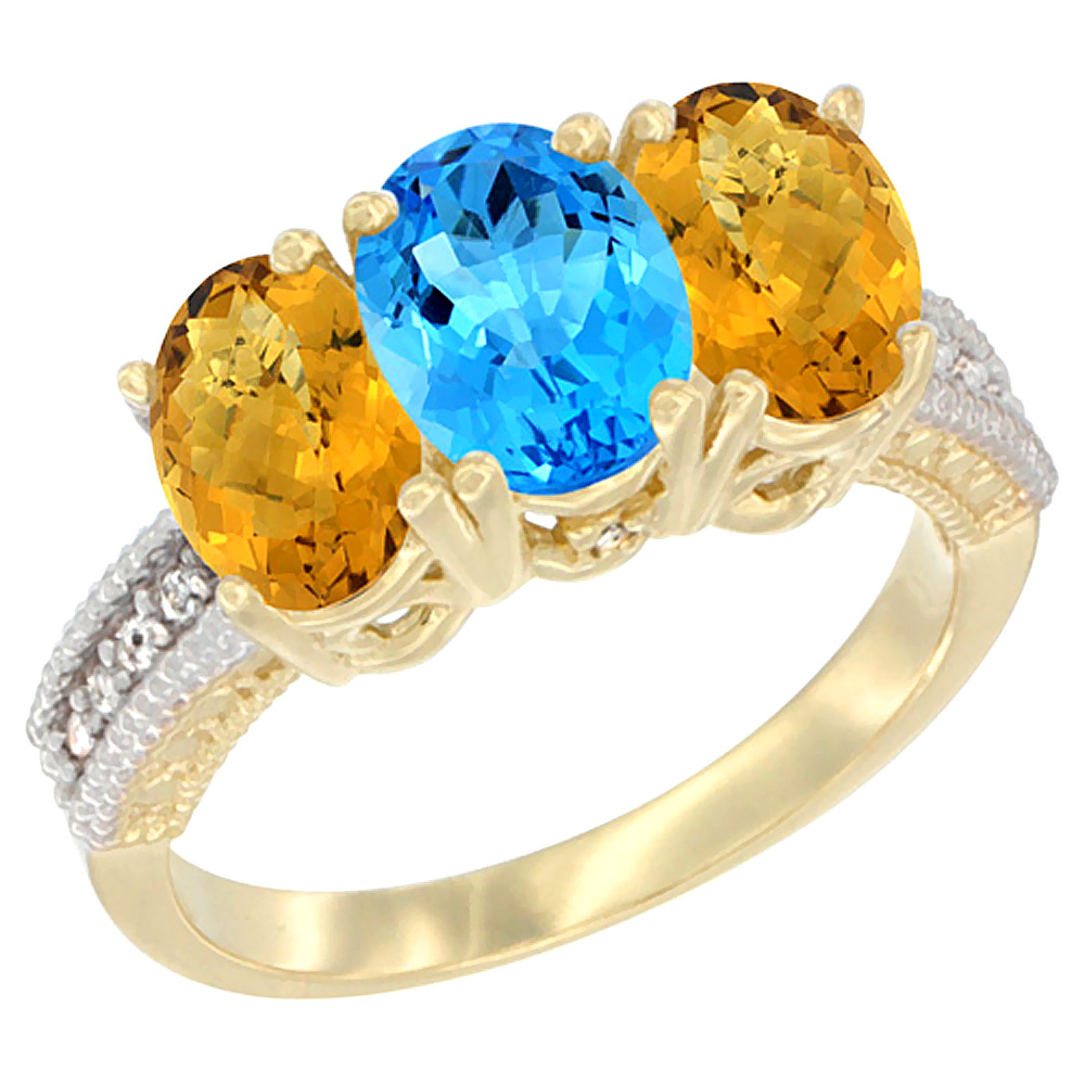 14K Yellow Gold Natural Swiss Blue Topaz Ring with Whisky Quartz 3-Stone 7x5 mm Oval Diamond Accent, sizes 5 - 10