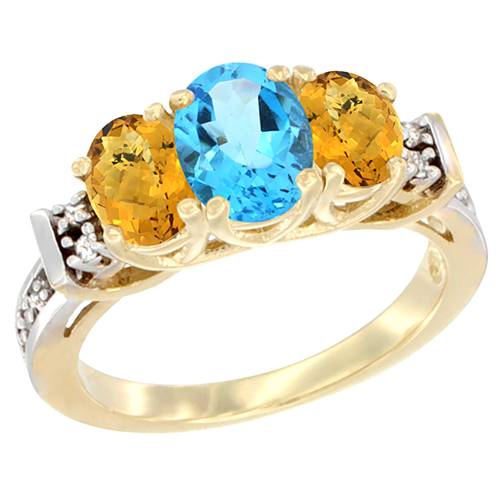 10K Yellow Gold Natural Swiss Blue Topaz &amp; Whisky Quartz Ring 3-Stone Oval Diamond Accent