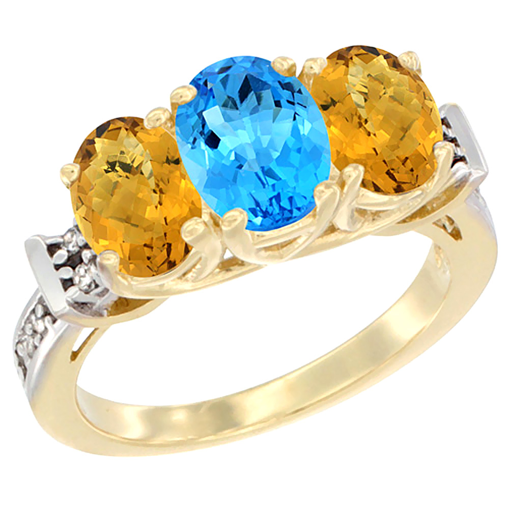 14K Yellow Gold Natural Swiss Blue Topaz &amp; Whisky Quartz Sides Ring 3-Stone Oval Diamond Accent, sizes 5 - 10