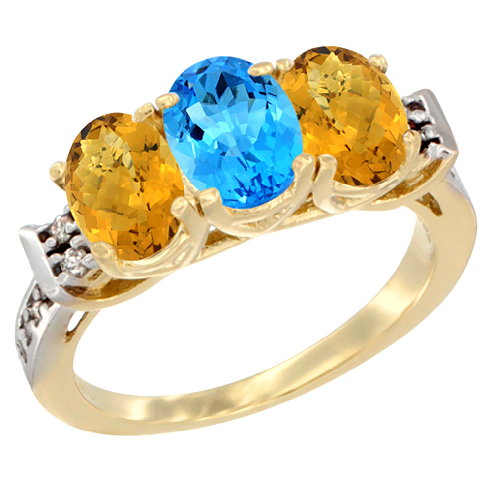 10K Yellow Gold Natural Swiss Blue Topaz &amp; Whisky Quartz Sides Ring 3-Stone Oval 7x5 mm Diamond Accent, sizes 5 - 10