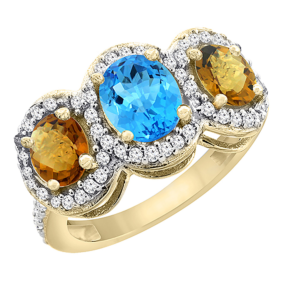 14K Yellow Gold Natural Swiss Blue Topaz &amp; Whisky Quartz 3-Stone Ring Oval Diamond Accent, sizes 5 - 10