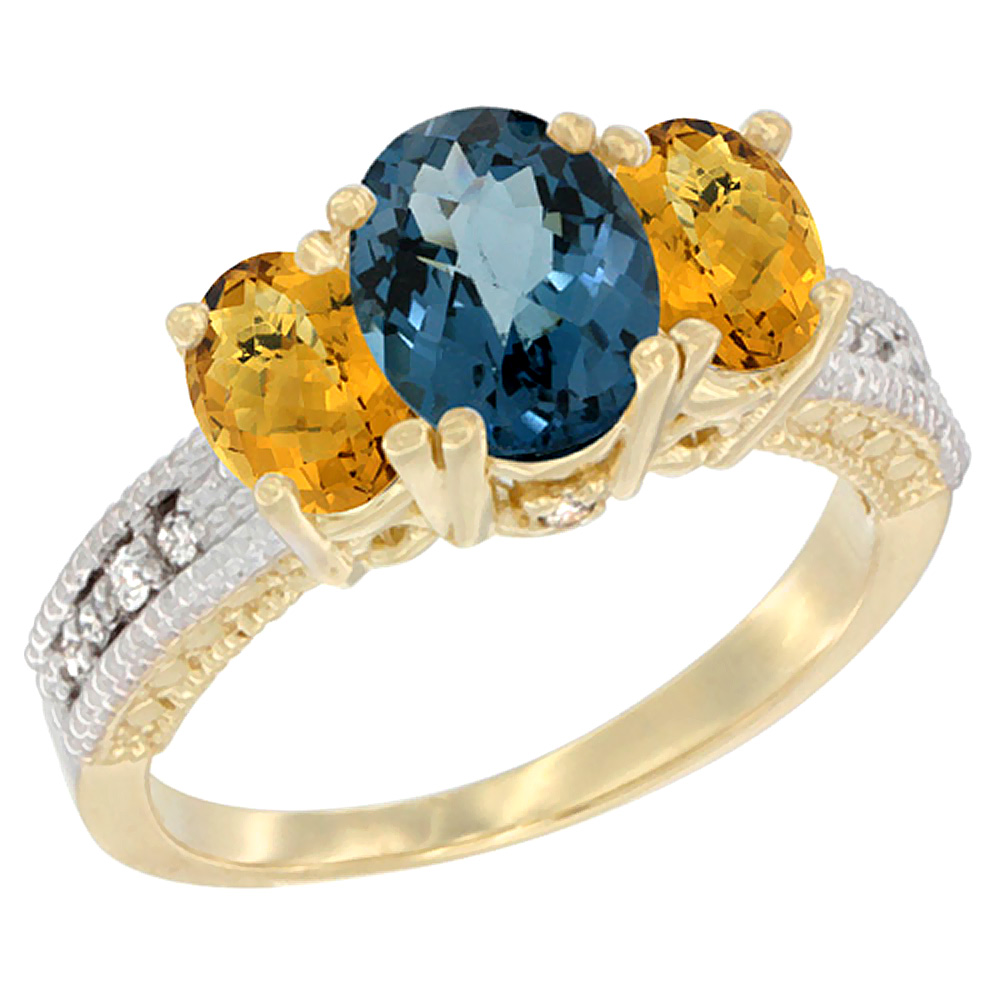 14K Yellow Gold Diamond Natural London Blue Topaz Ring Oval 3-stone with Whisky Quartz, sizes 5 - 10