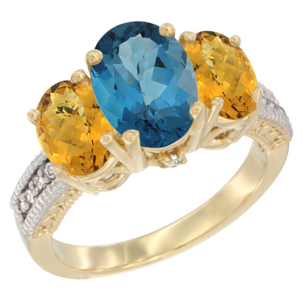 14K Yellow Gold Diamond Natural London Blue Topaz Ring 3-Stone Oval 8x6mm with Whisky Quartz, sizes5-10