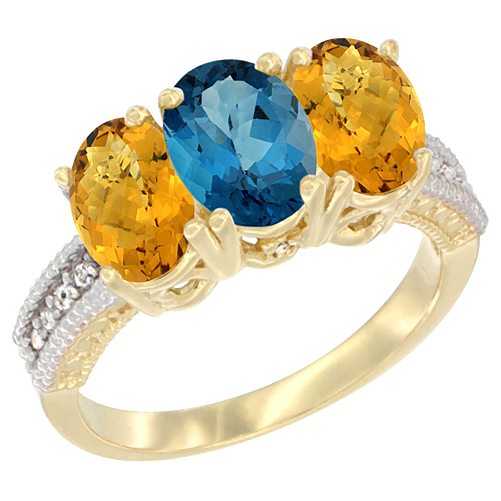 14K Yellow Gold Natural London Blue Topaz Ring with Whisky Quartz 3-Stone 7x5 mm Oval Diamond Accent, sizes 5 - 10