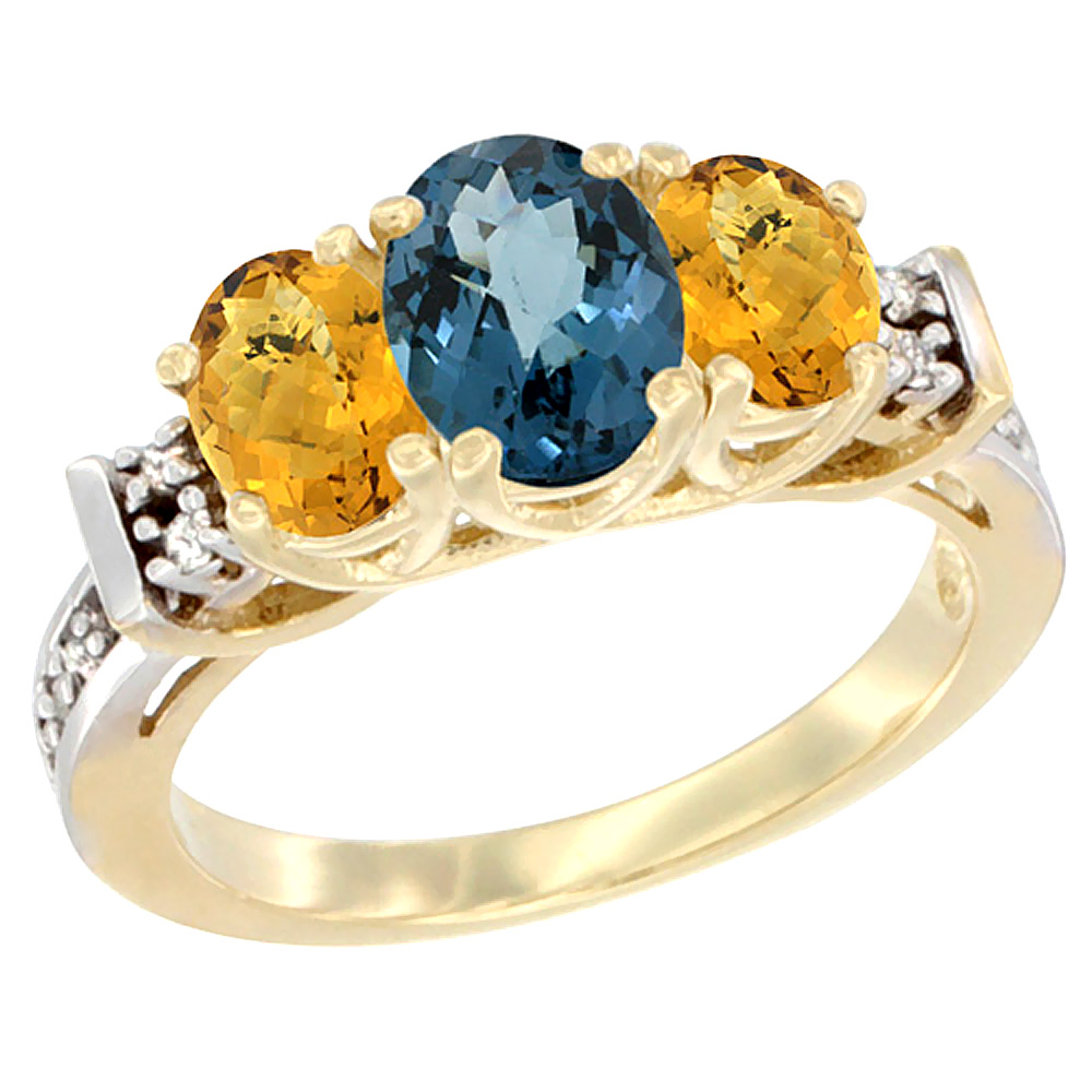 14K Yellow Gold Natural London Blue Topaz &amp; Whisky Quartz Ring 3-Stone Oval Diamond Accent