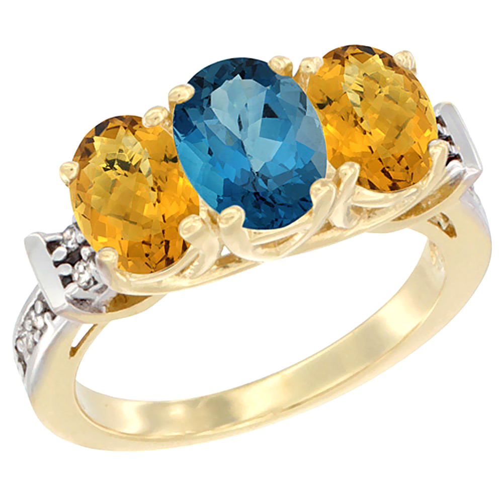 14K Yellow Gold Natural London Blue Topaz &amp; Whisky Quartz Sides Ring 3-Stone Oval Diamond Accent, sizes 5 - 10
