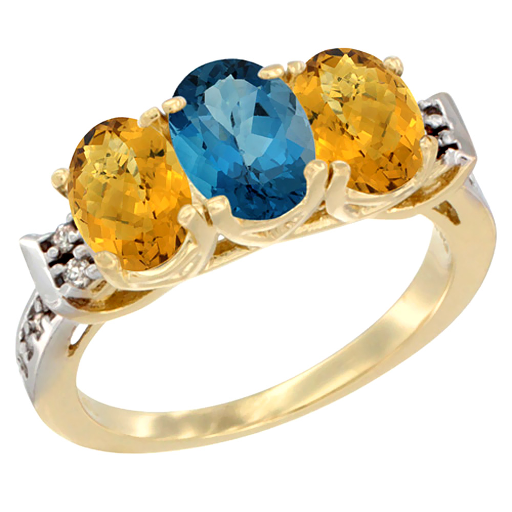 14K Yellow Gold Natural London Blue Topaz &amp; Whisky Quartz Ring 3-Stone 7x5 mm Oval Diamond Accent, sizes 5 - 10