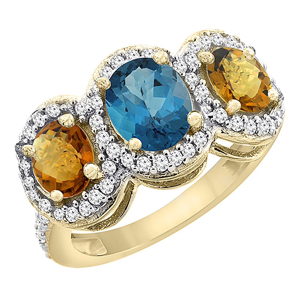 10K Yellow Gold Natural London Blue Topaz & Whisky Quartz 3-Stone Ring Oval Diamond Accent, sizes 5 - 10