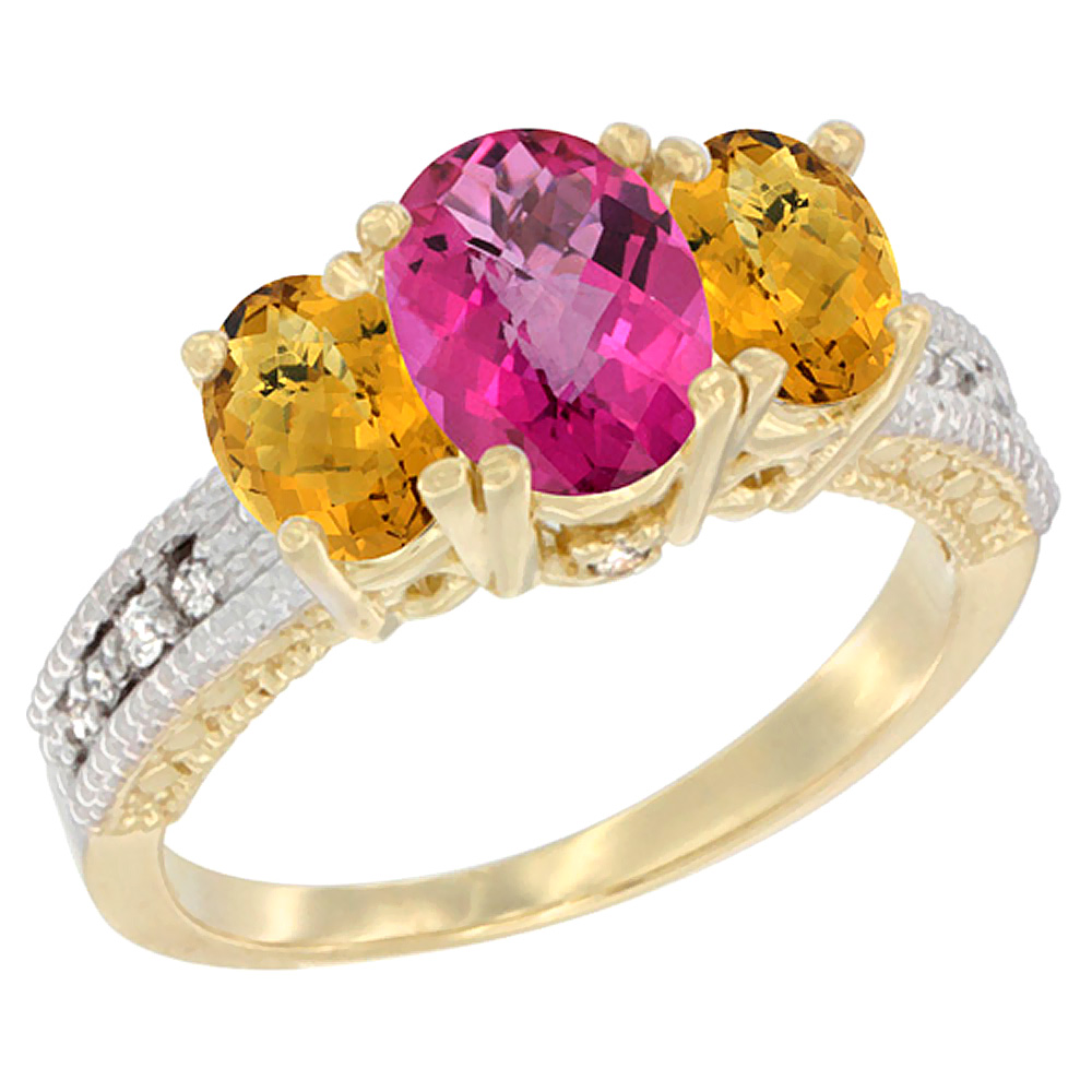 14K Yellow Gold Diamond Natural Pink Topaz Ring Oval 3-stone with Whisky Quartz, sizes 5 - 10