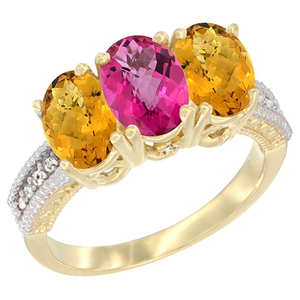 10K Yellow Gold Diamond Natural Pink Topaz &amp; Whisky Quartz Ring 3-Stone 7x5 mm Oval, sizes 5 - 10