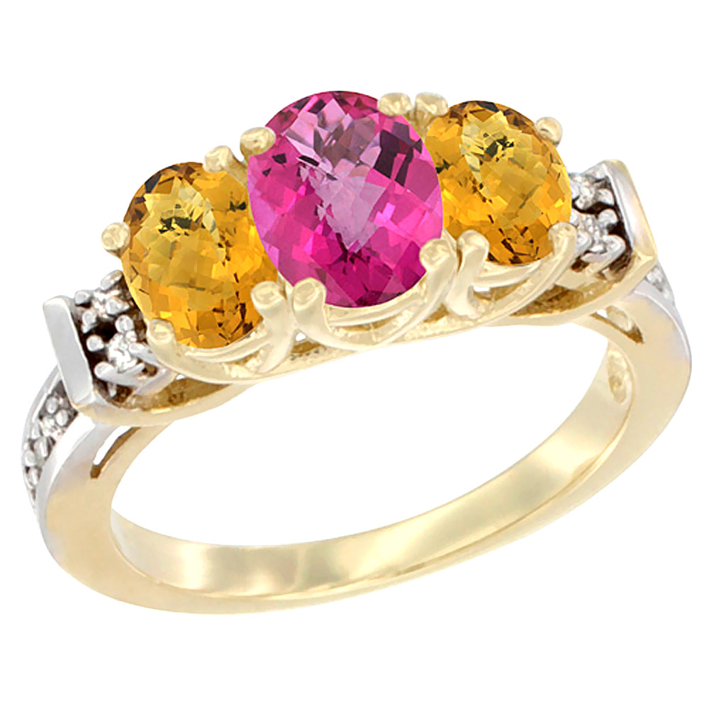14K Yellow Gold Natural Pink Topaz & Whisky Quartz Ring 3-Stone Oval Diamond Accent