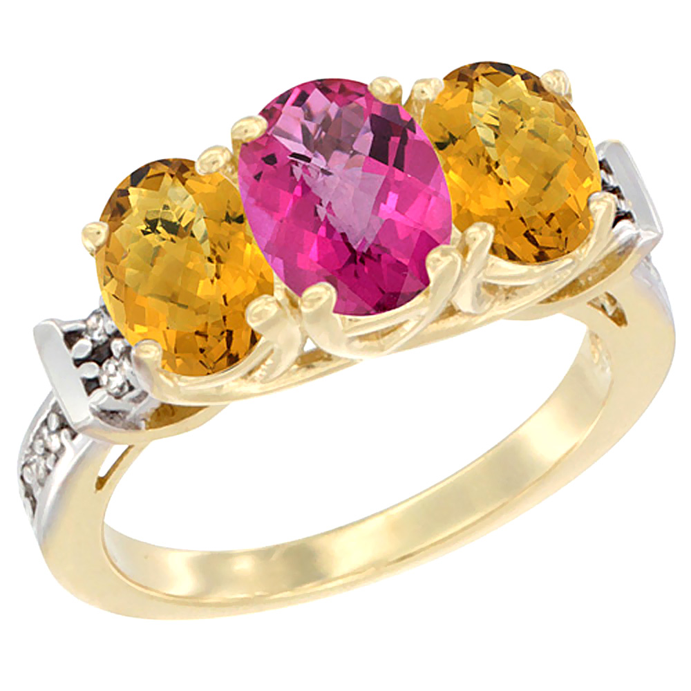 14K Yellow Gold Natural Pink Topaz & Whisky Quartz Sides Ring 3-Stone Oval Diamond Accent, sizes 5 - 10