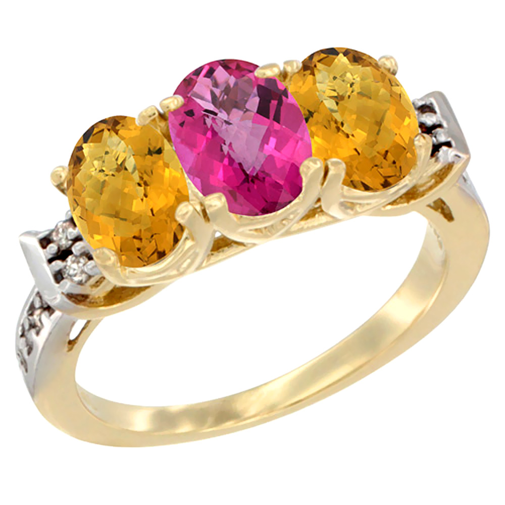 10K Yellow Gold Natural Pink Topaz &amp; Whisky Quartz Sides Ring 3-Stone Oval 7x5 mm Diamond Accent, sizes 5 - 10