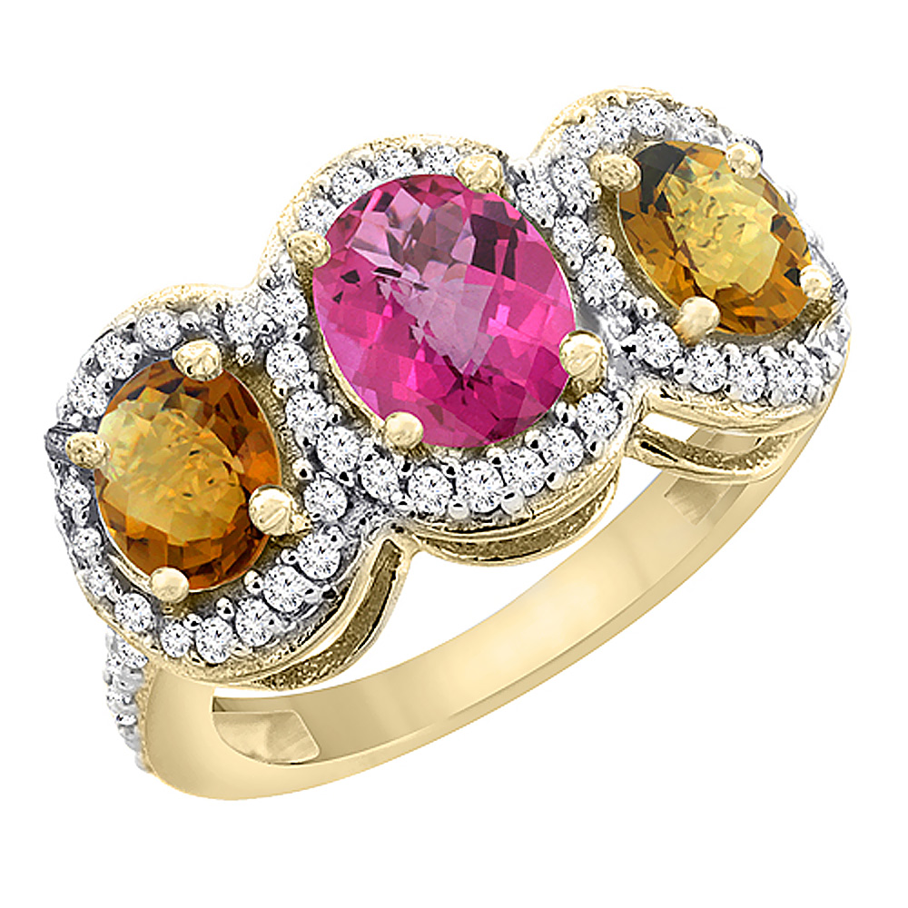 14K Yellow Gold Natural Pink Topaz &amp; Whisky Quartz 3-Stone Ring Oval Diamond Accent, sizes 5 - 10