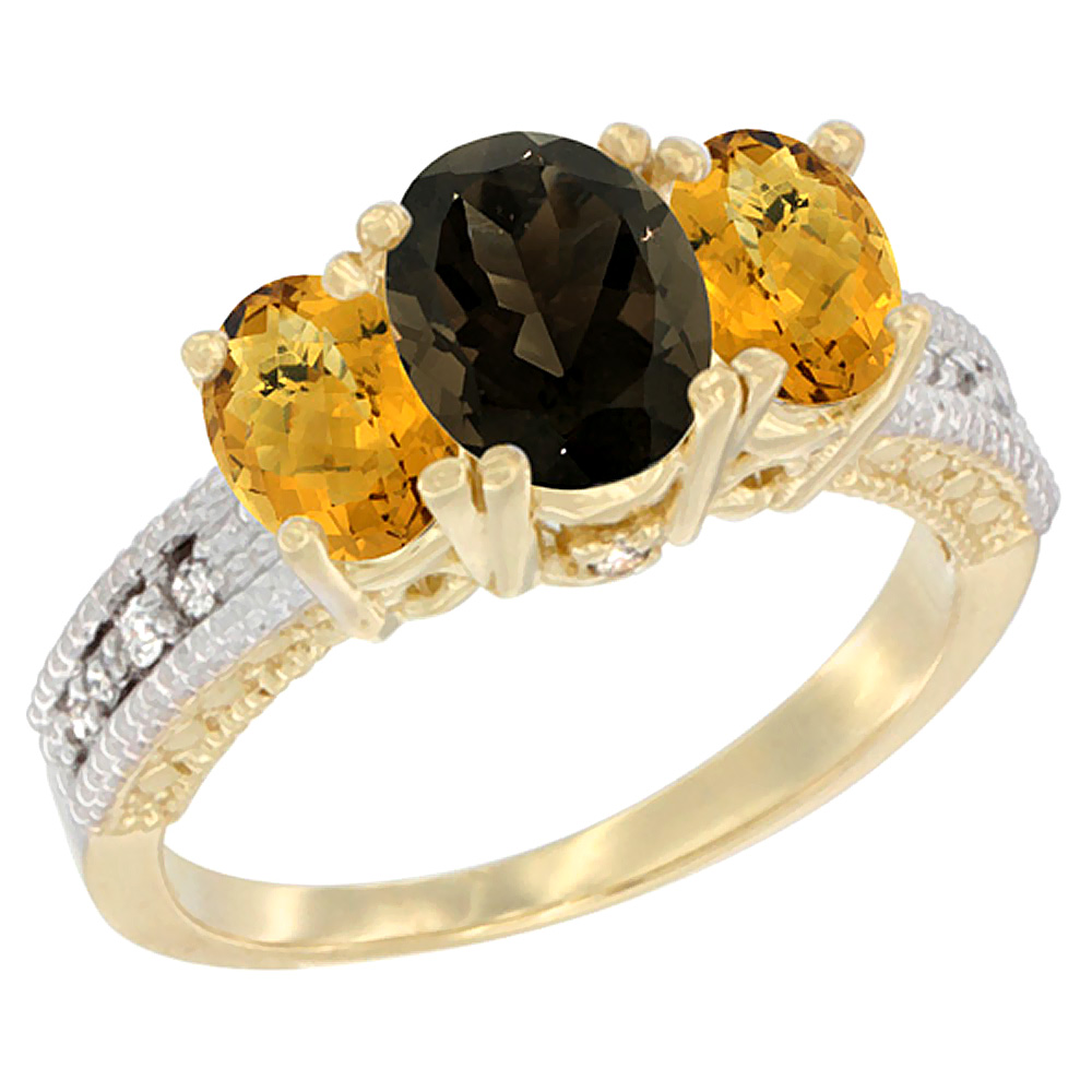 10K Yellow Gold Diamond Natural Smoky Topaz Ring Oval 3-stone with Whisky Quartz, sizes 5 - 10