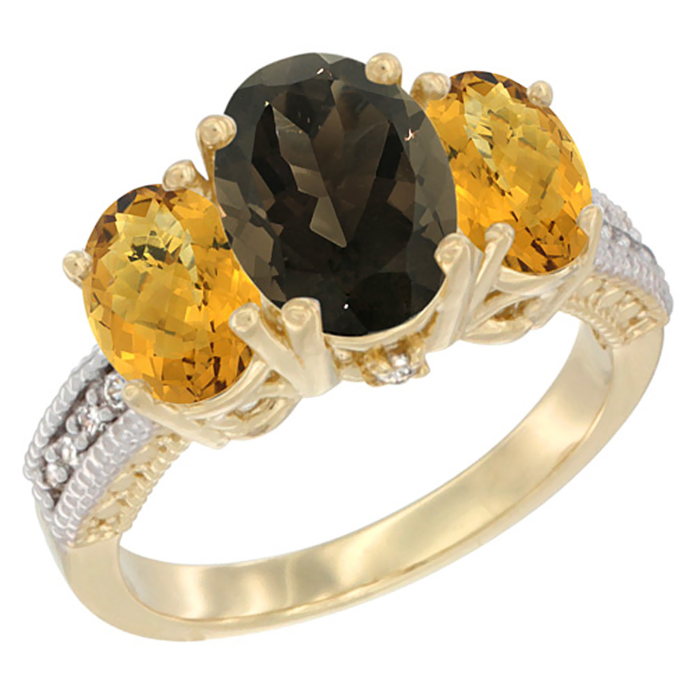 10K Yellow Gold Diamond Natural Smoky Topaz Ring 3-Stone Oval 8x6mm with Whisky Quartz, sizes5-10