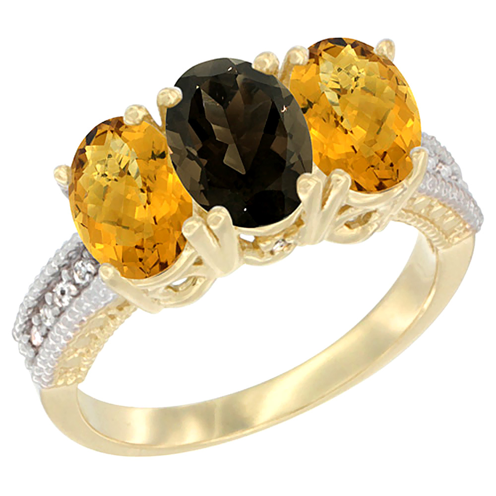 14K Yellow Gold Natural Smoky Topaz Ring with Whisky Quartz 3-Stone 7x5 mm Oval Diamond Accent, sizes 5 - 10
