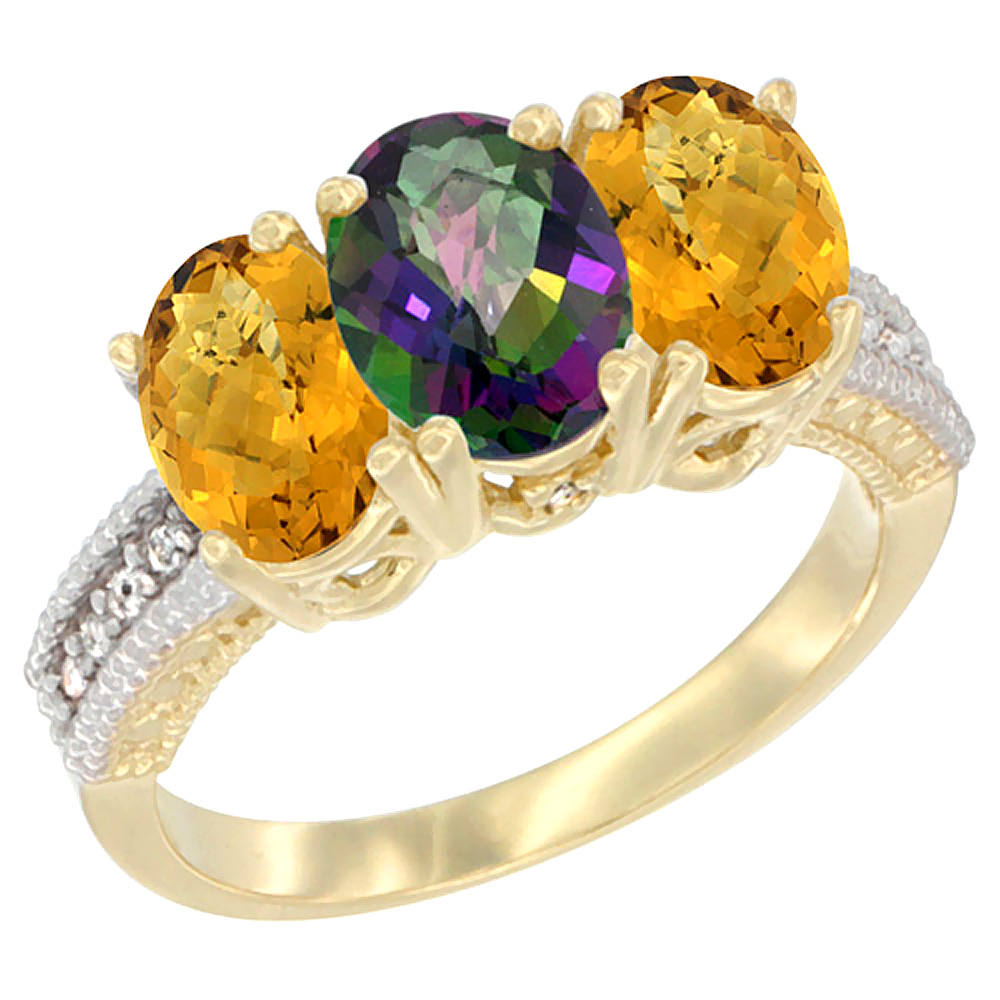 14K Yellow Gold Natural Mystic Topaz Ring with Whisky Quartz 3-Stone 7x5 mm Oval Diamond Accent, sizes 5 - 10