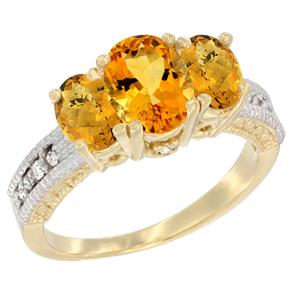 14K Yellow Gold Diamond Natural Citrine Ring Oval 3-stone with Whisky Quartz, sizes 5 - 10