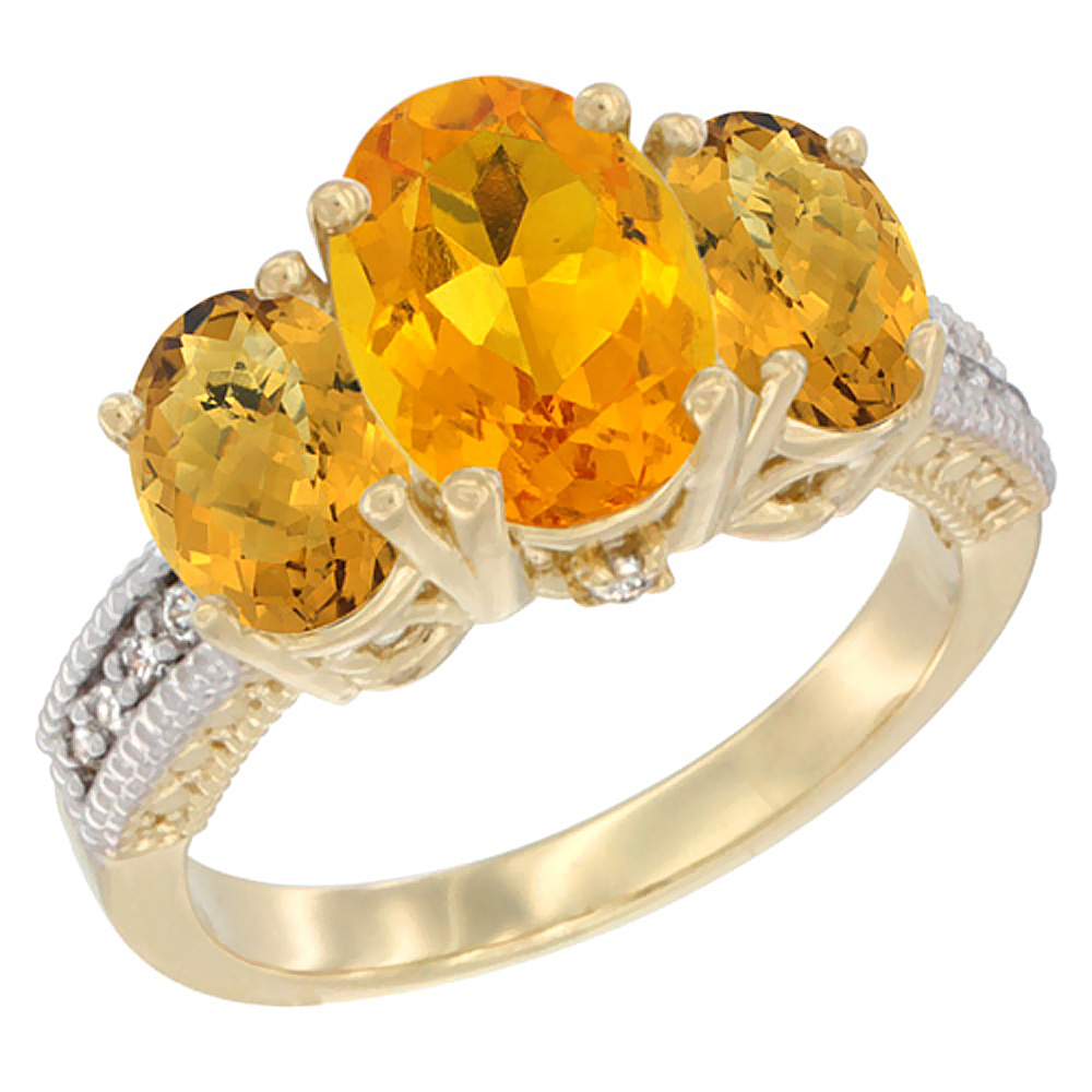 10K Yellow Gold Diamond Natural Citrine Ring 3-Stone Oval 8x6mm with Whisky Quartz, sizes5-10