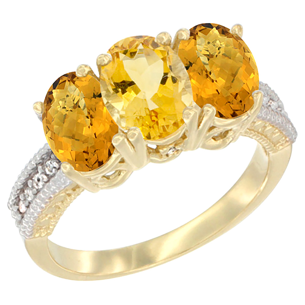 14K Yellow Gold Natural Citrine Ring with Whisky Quartz 3-Stone 7x5 mm Oval Diamond Accent, sizes 5 - 10