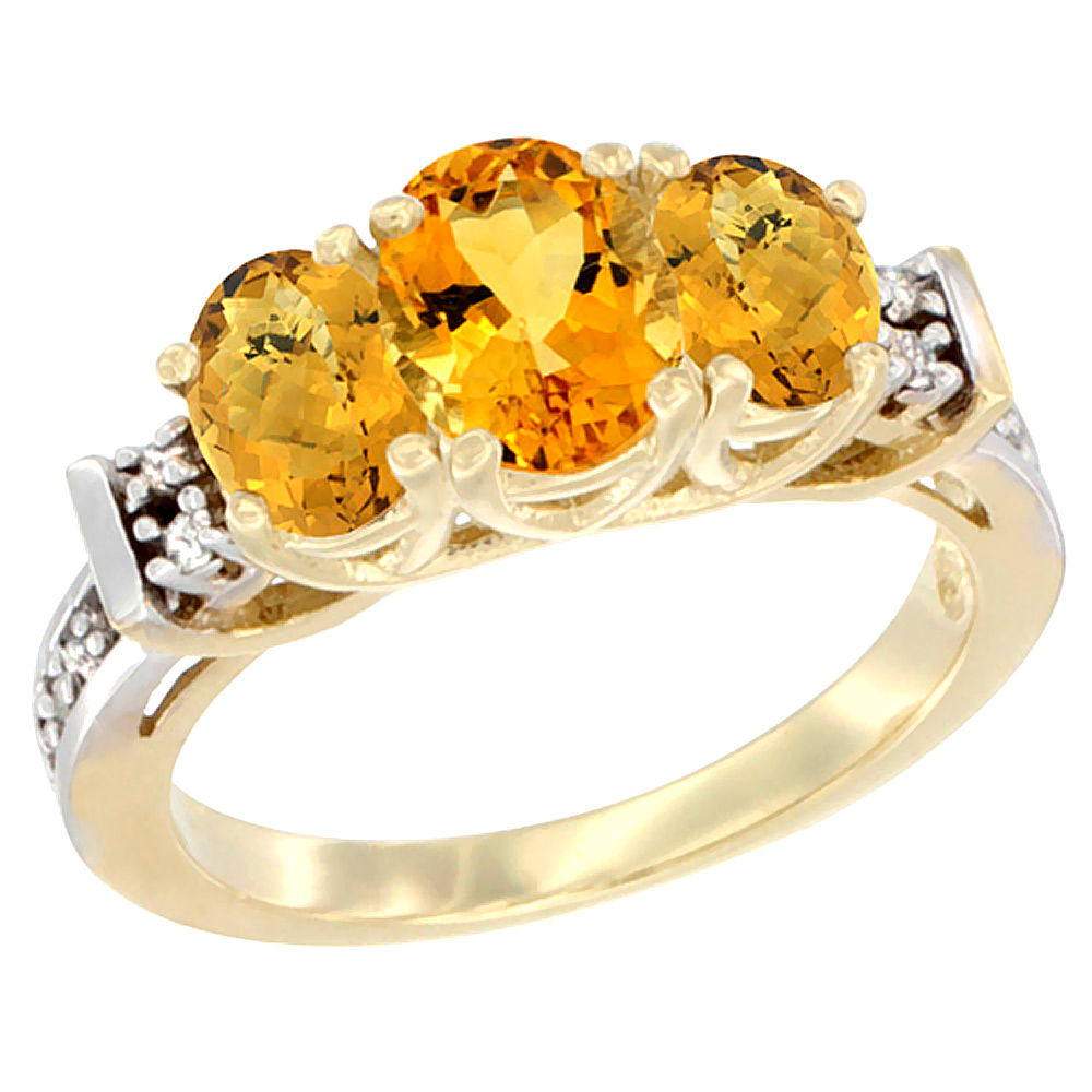 14K Yellow Gold Natural Citrine &amp; Whisky Quartz Ring 3-Stone Oval Diamond Accent