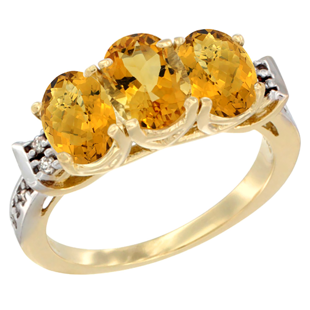 10K Yellow Gold Natural Citrine &amp; Whisky Quartz Sides Ring 3-Stone Oval 7x5 mm Diamond Accent, sizes 5 - 10