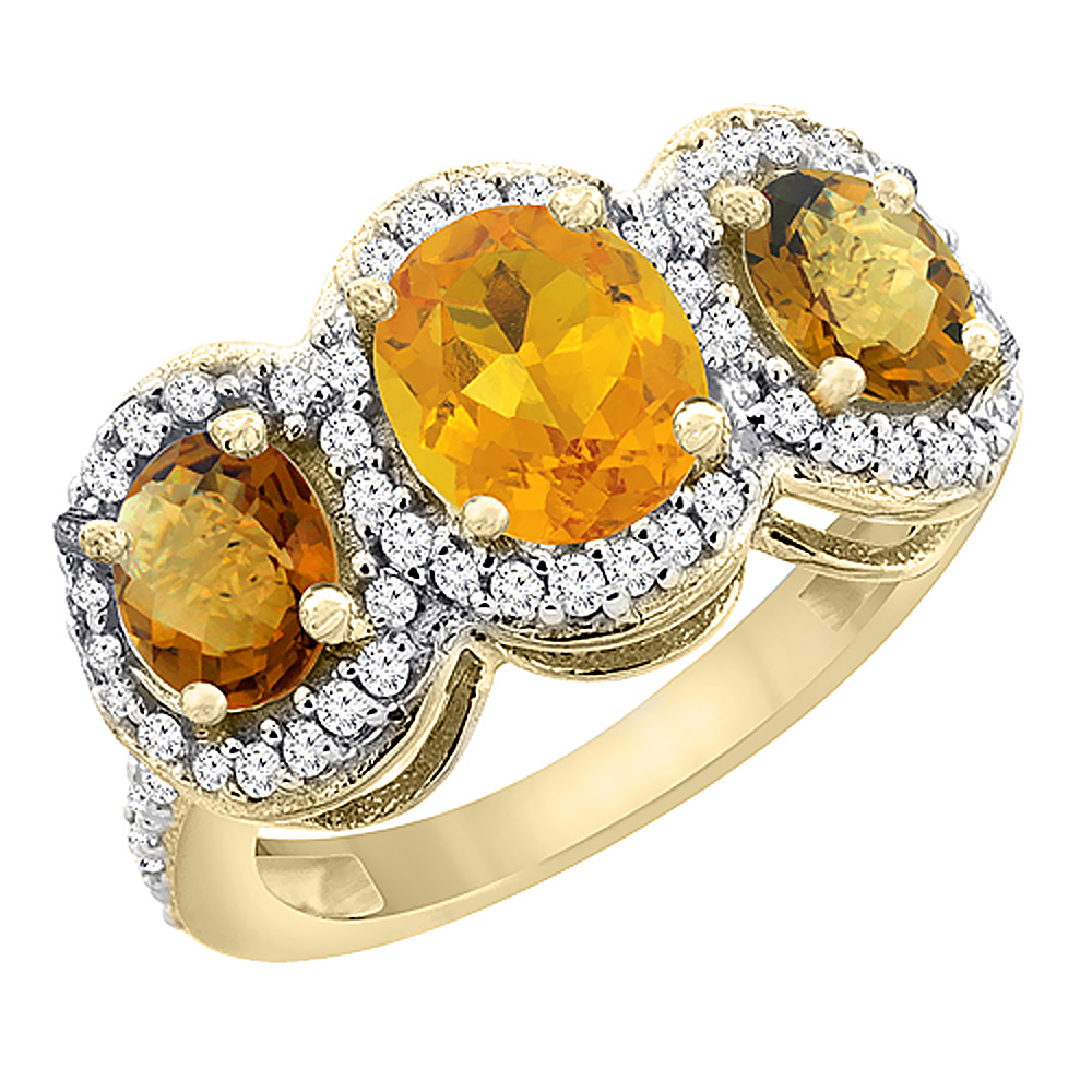 14K Yellow Gold Natural Citrine & Whisky Quartz 3-Stone Ring Oval Diamond Accent, sizes 5 - 10