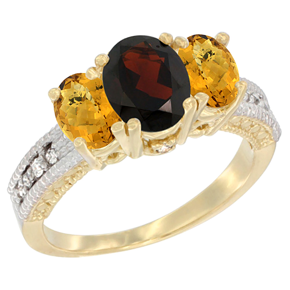 10K Yellow Gold Diamond Natural Garnet Ring Oval 3-stone with Whisky Quartz, sizes 5 - 10