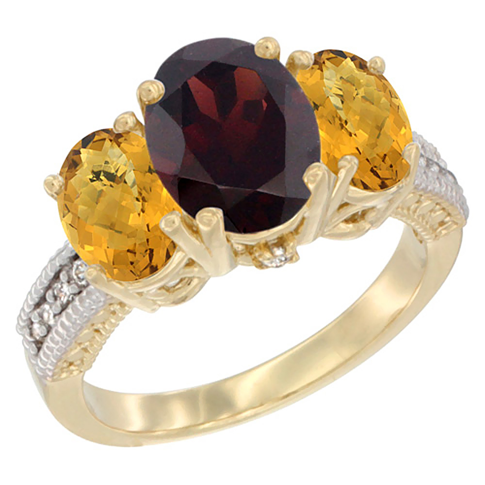 14K Yellow Gold Diamond Natural Garnet Ring 3-Stone Oval 8x6mm with Whisky Quartz, sizes5-10