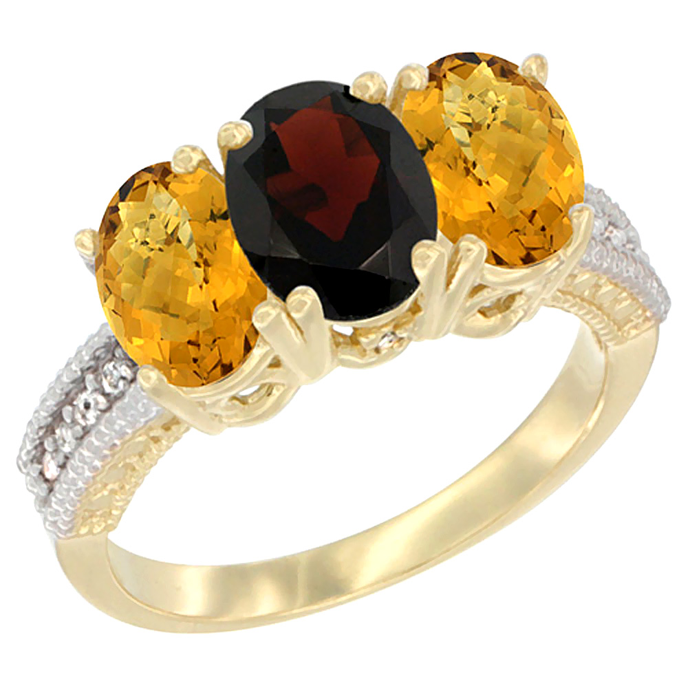14K Yellow Gold Natural Garnet Ring with Whisky Quartz 3-Stone 7x5 mm Oval Diamond Accent, sizes 5 - 10