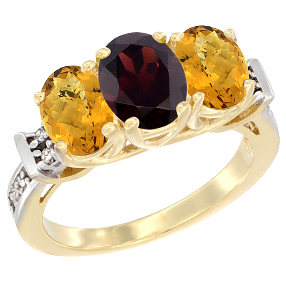 10K Yellow Gold Natural Garnet & Whisky Quartz Sides Ring 3-Stone Oval Diamond Accent, sizes 5 - 10