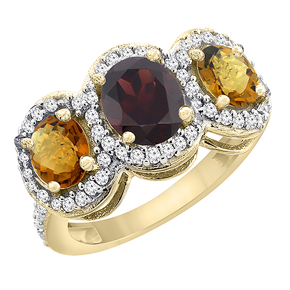 14K Yellow Gold Natural Garnet & Whisky Quartz 3-Stone Ring Oval Diamond Accent, sizes 5 - 10