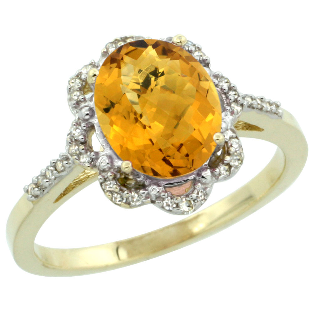 14K Yellow Gold Diamond Halo Natural Whisky Quartz Engagement Ring Oval 9x7mm, sizes 5-10