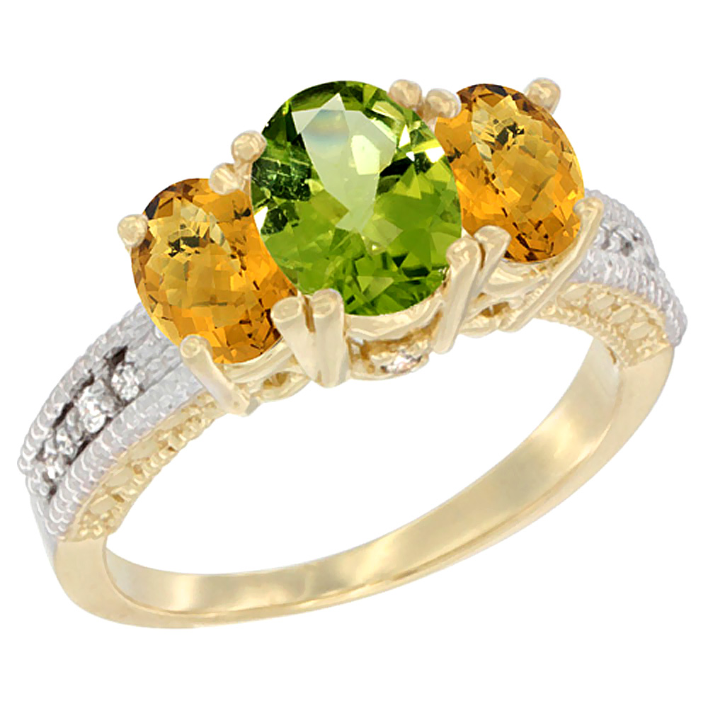 14K Yellow Gold Diamond Natural Peridot Ring Oval 3-stone with Whisky Quartz, sizes 5 - 10
