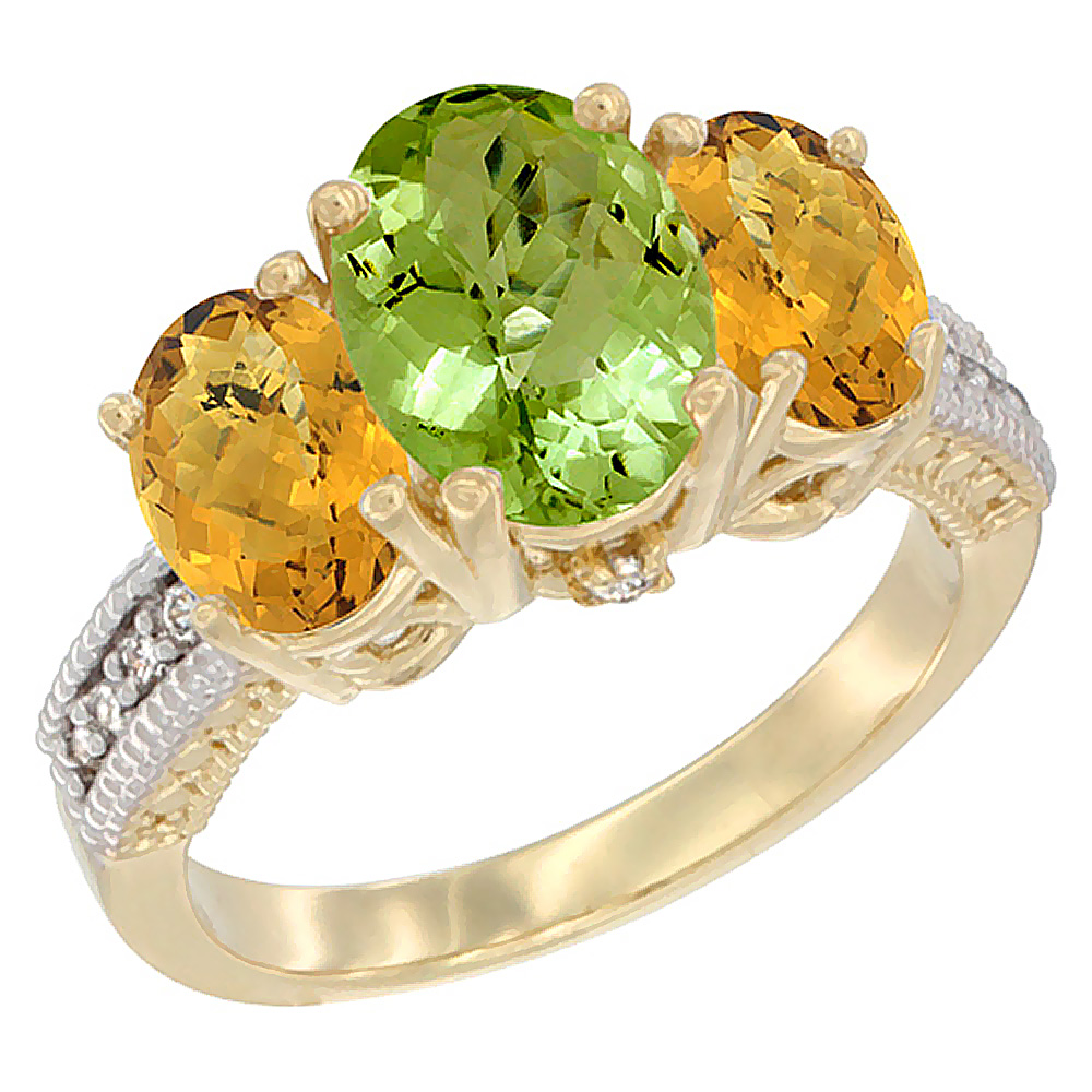 14K Yellow Gold Diamond Natural Peridot Ring 3-Stone Oval 8x6mm with Whisky Quartz, sizes5-10