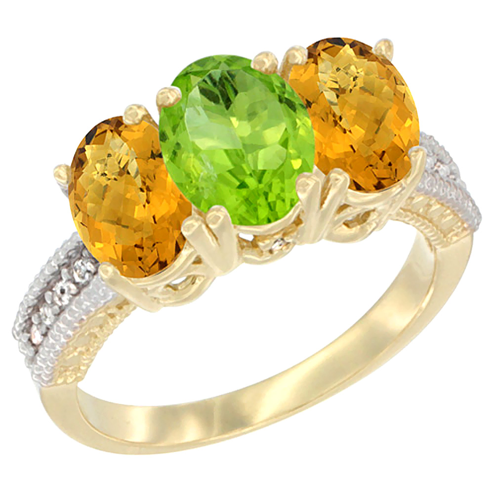 14K Yellow Gold Natural Peridot Ring with Whisky Quartz 3-Stone 7x5 mm Oval Diamond Accent, sizes 5 - 10