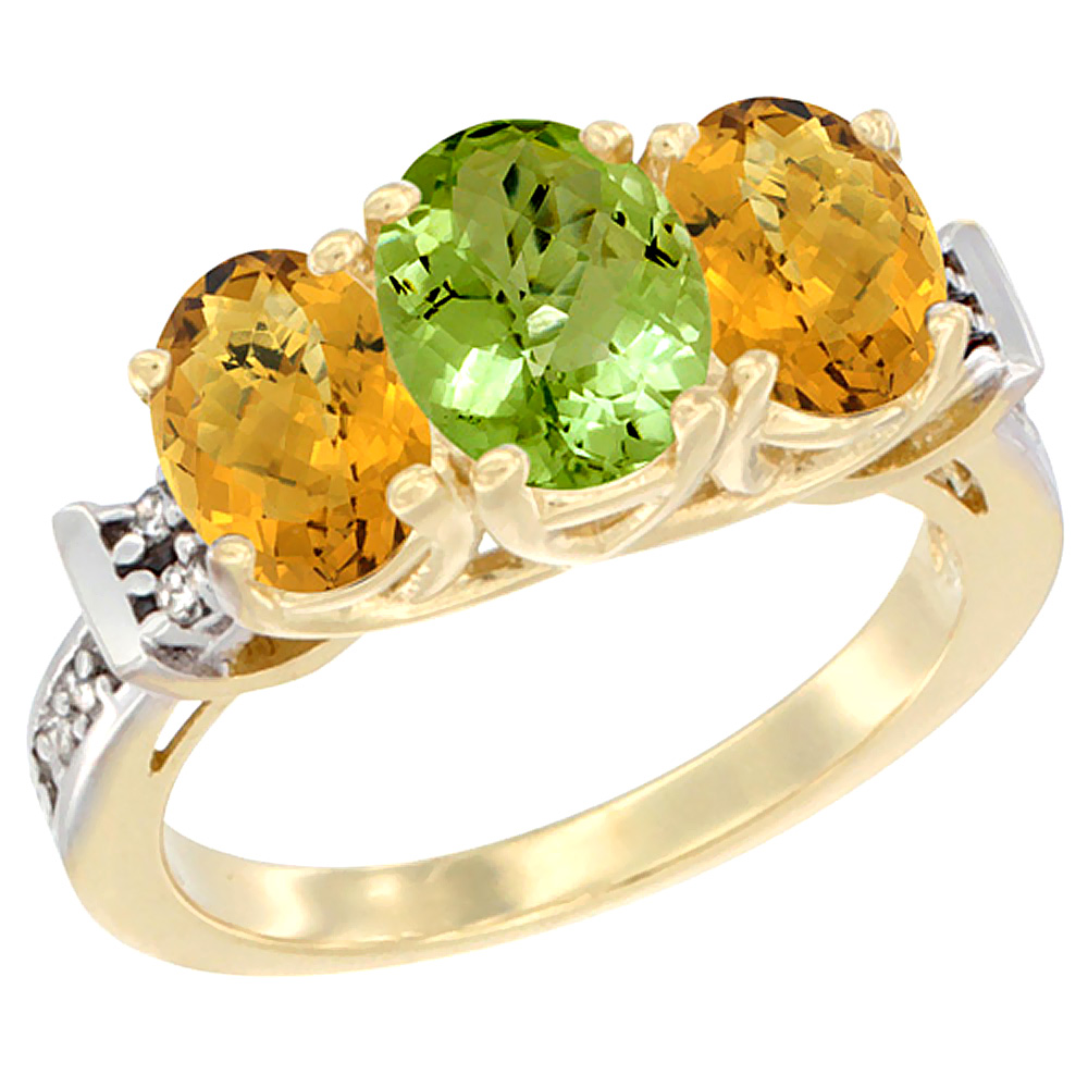 10K Yellow Gold Natural Peridot & Whisky Quartz Sides Ring 3-Stone Oval Diamond Accent, sizes 5 - 10