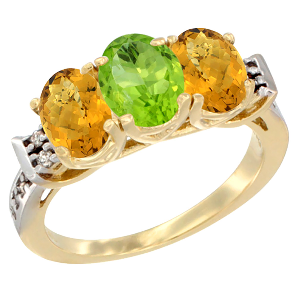 10K Yellow Gold Natural Peridot & Whisky Quartz Sides Ring 3-Stone Oval 7x5 mm Diamond Accent, sizes 5 - 10